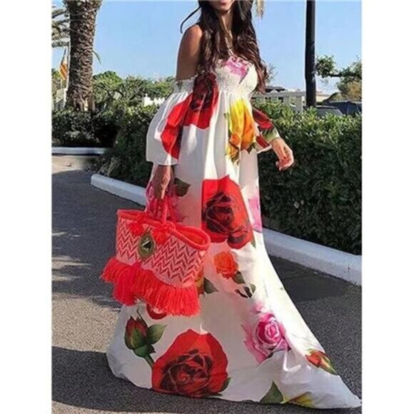 Women's Floral Print Vacation Dress With Off Shoulder Design, Loose Fit - Picture 1 of 6